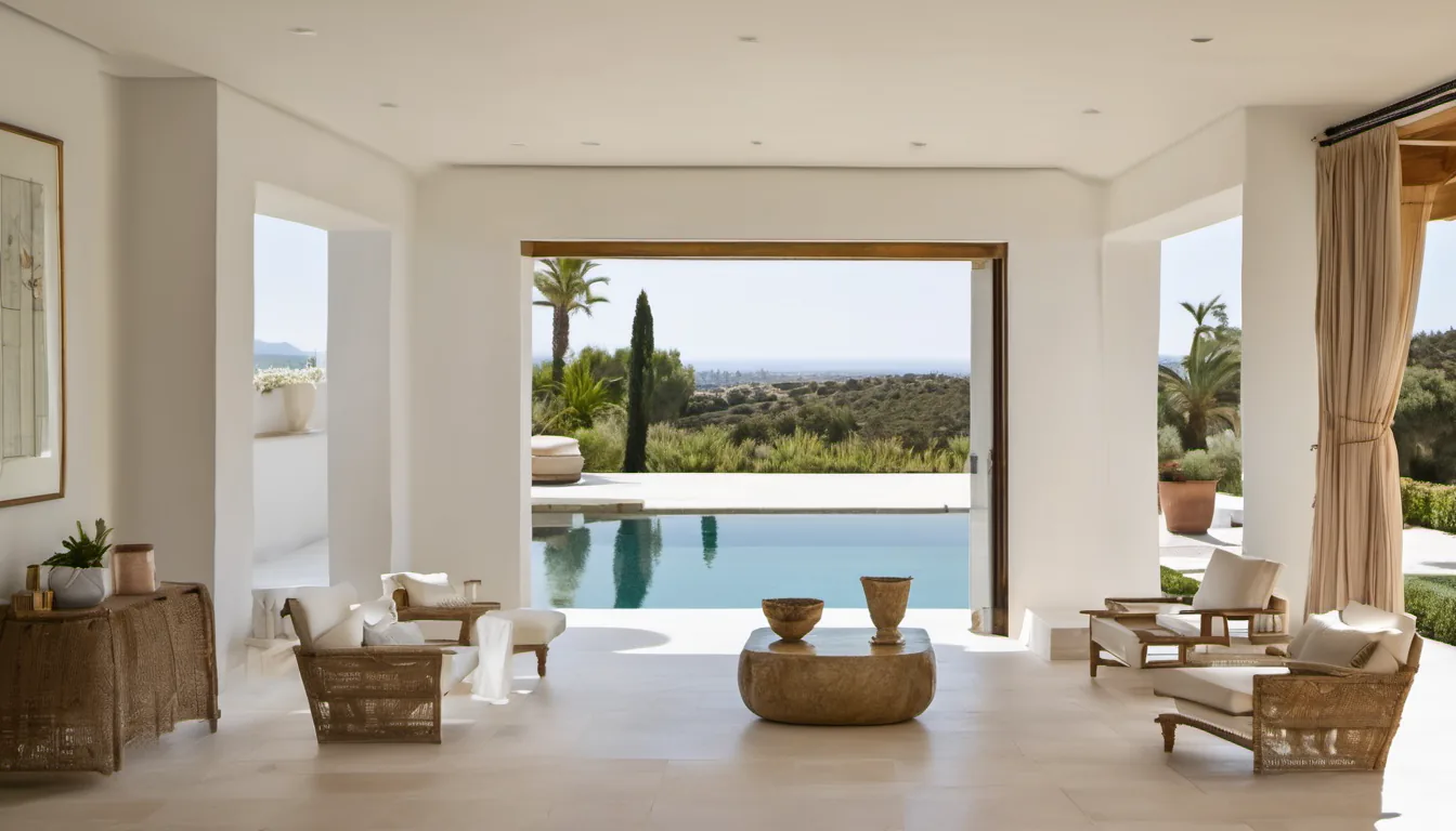 A white sala opening onto a still pool and the hills