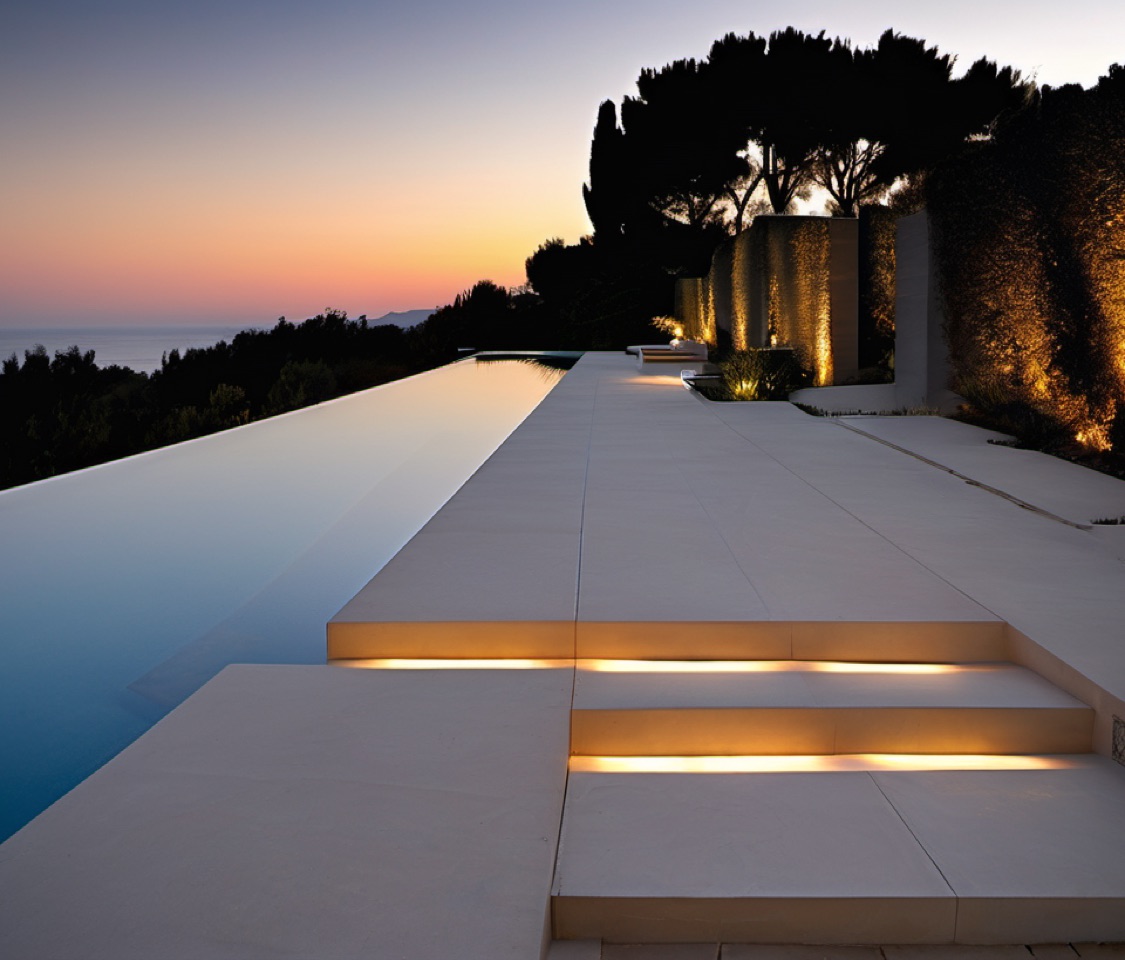 Infinity pool at dusk with lit terrace steps and sea horizon