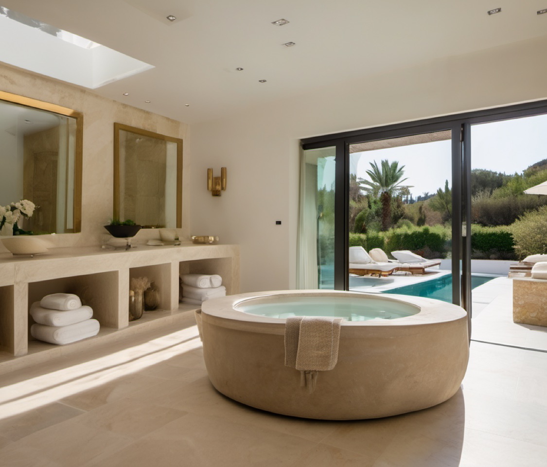 Interior wellness suite with stone tub and pool terrace beyond