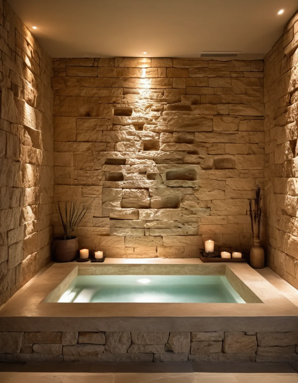 A stacked limestone wall, lit from above, over a small sunken pool with candles