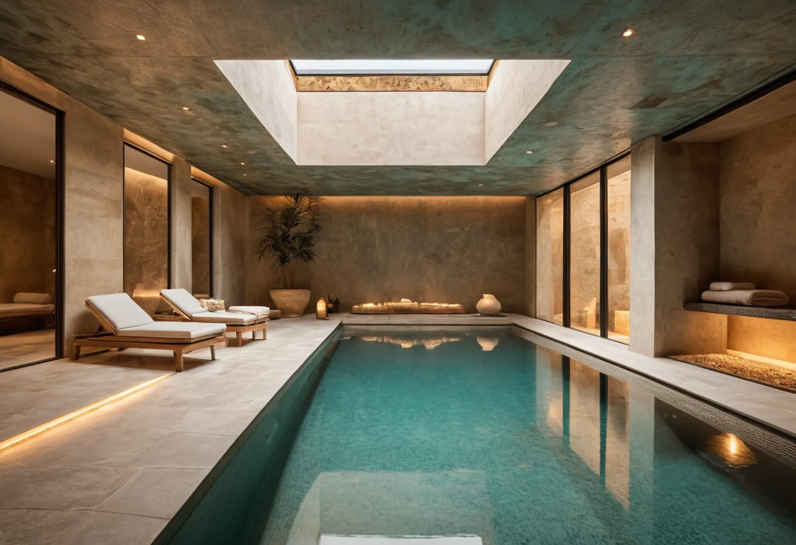 An indoor pool under a square skylight, loungers along the stone edge