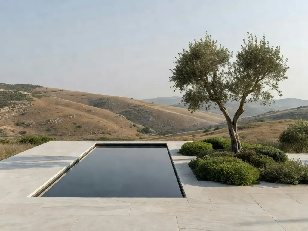 A still black pool in the hills, an olive tree beside it