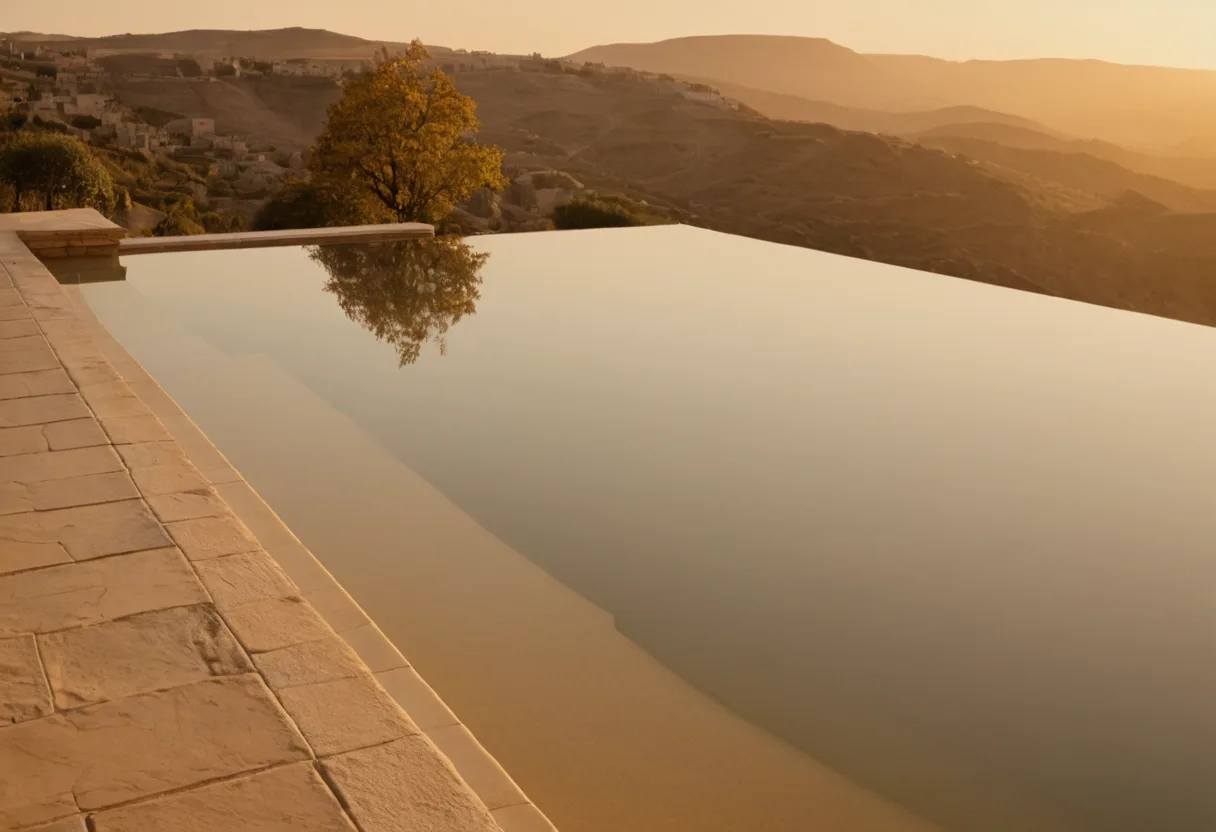 A pool edge over the hills at golden hour