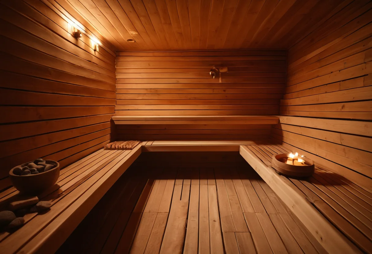 A timber sauna, its benches in warm light