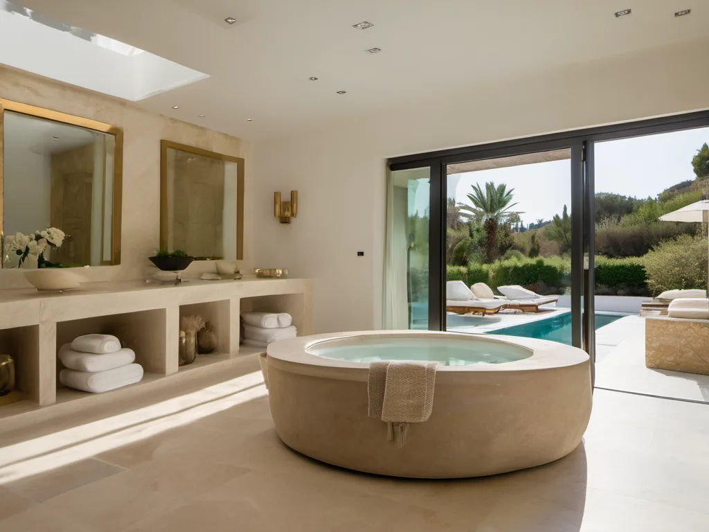 A round stone tub by the window, at golden hour