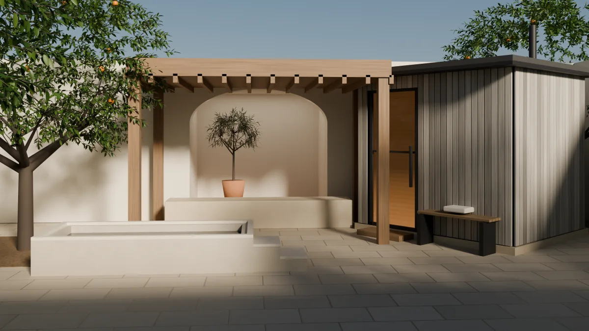 An Andalusian courtyard: orange trees, a timber pergola over a stone bench and an arched recess with an olive tree in a terracotta pot, a stone cold plunge on the left, a dark timber sauna with a glowing glass door on the right