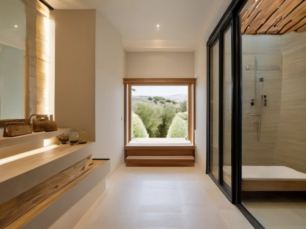 A bright corridor, a timber window seat looking onto olives, a glazed shower to the right