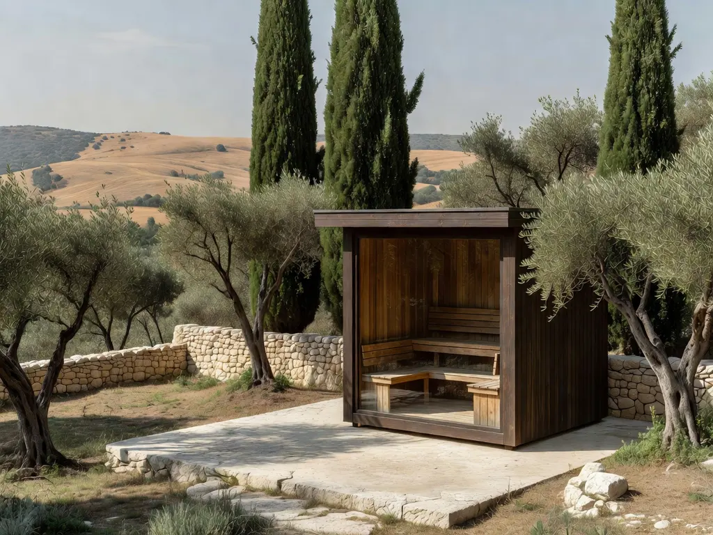 An open-fronted timber cabin with a bench, on a stone terrace among olives and cypress